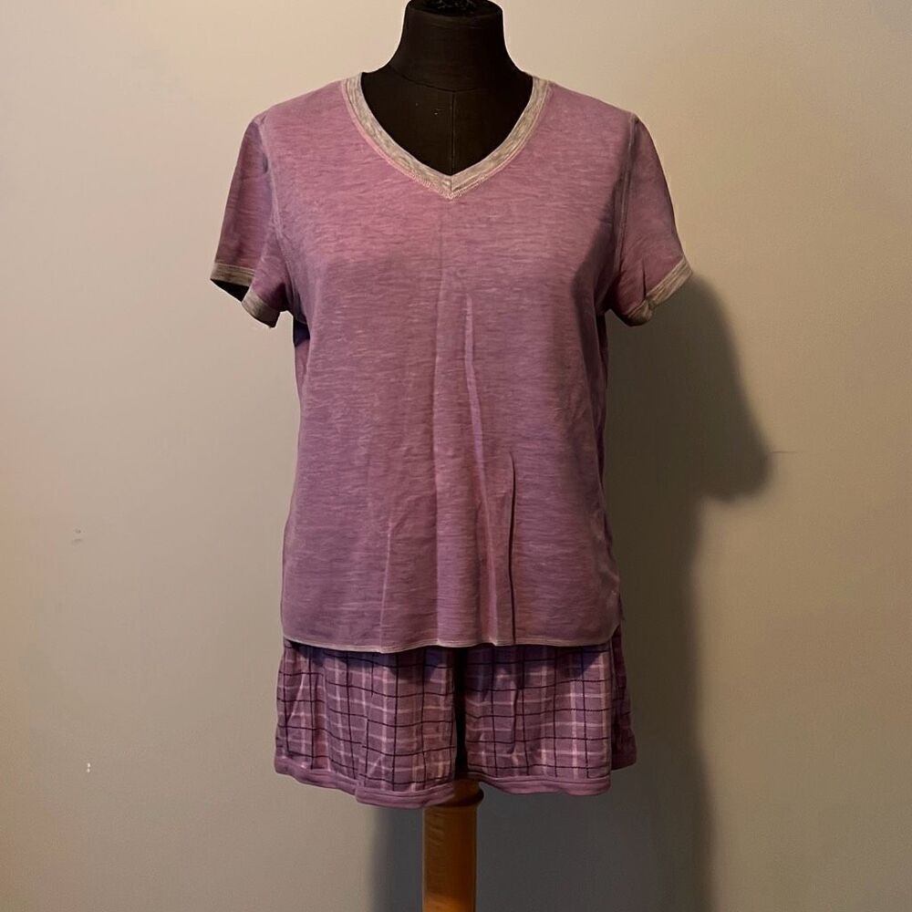Jockey Womens Lavender Short Sleeve V-Neck Top Plaid Shorts Lounge Set